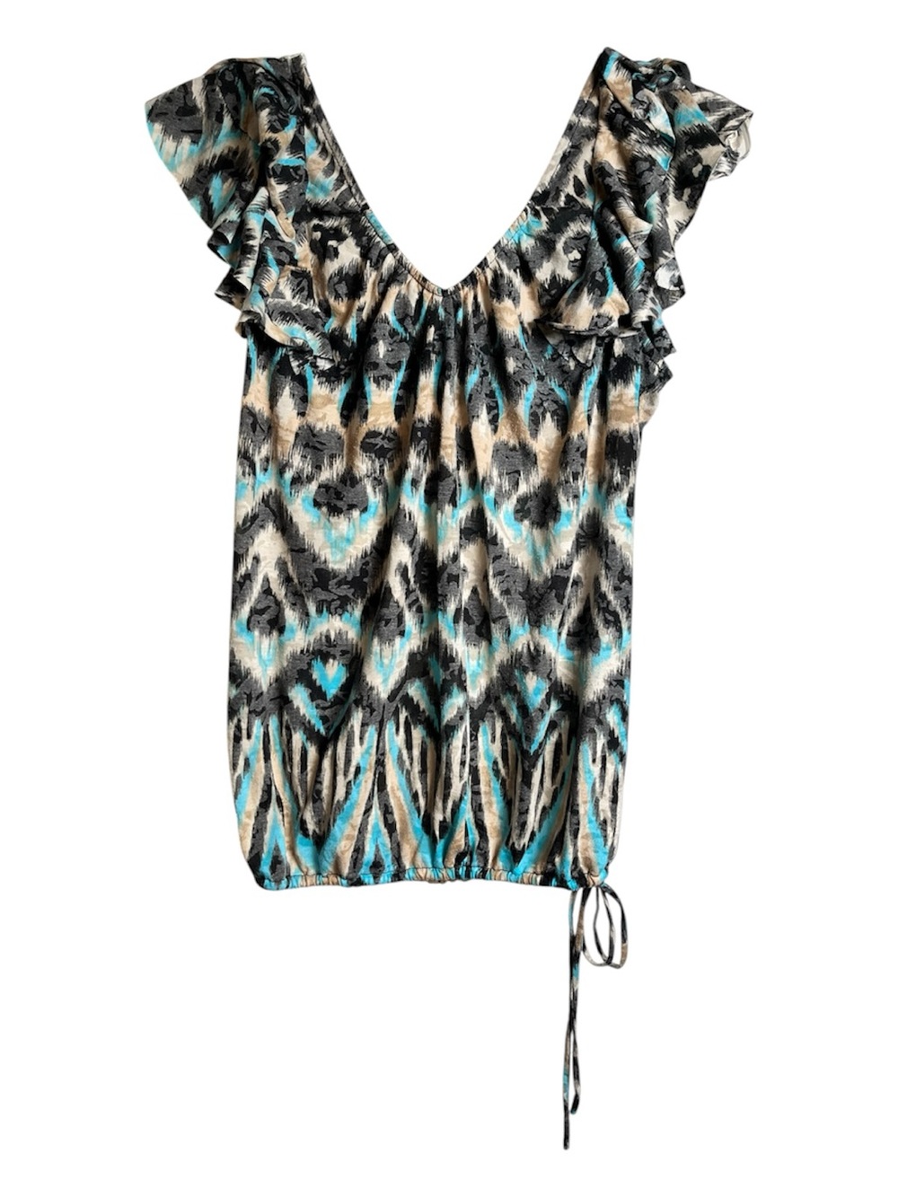 INC International Concepts Teal Black Cream Printed Ruffle-Sleeve Tank